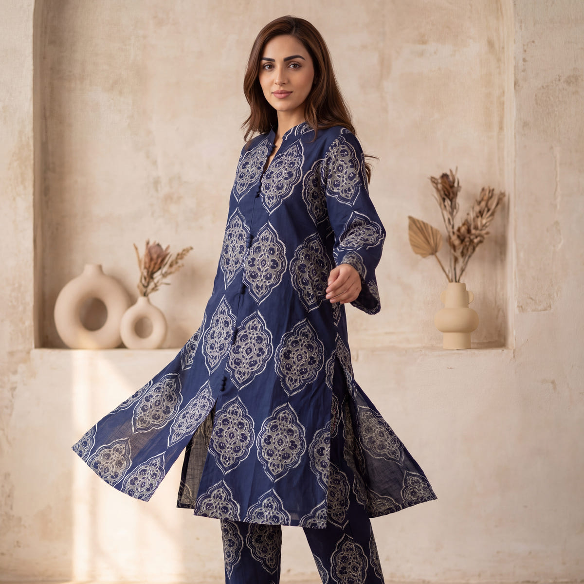 Neel — Navy Mughal Print Cotton Kurta Pant Set