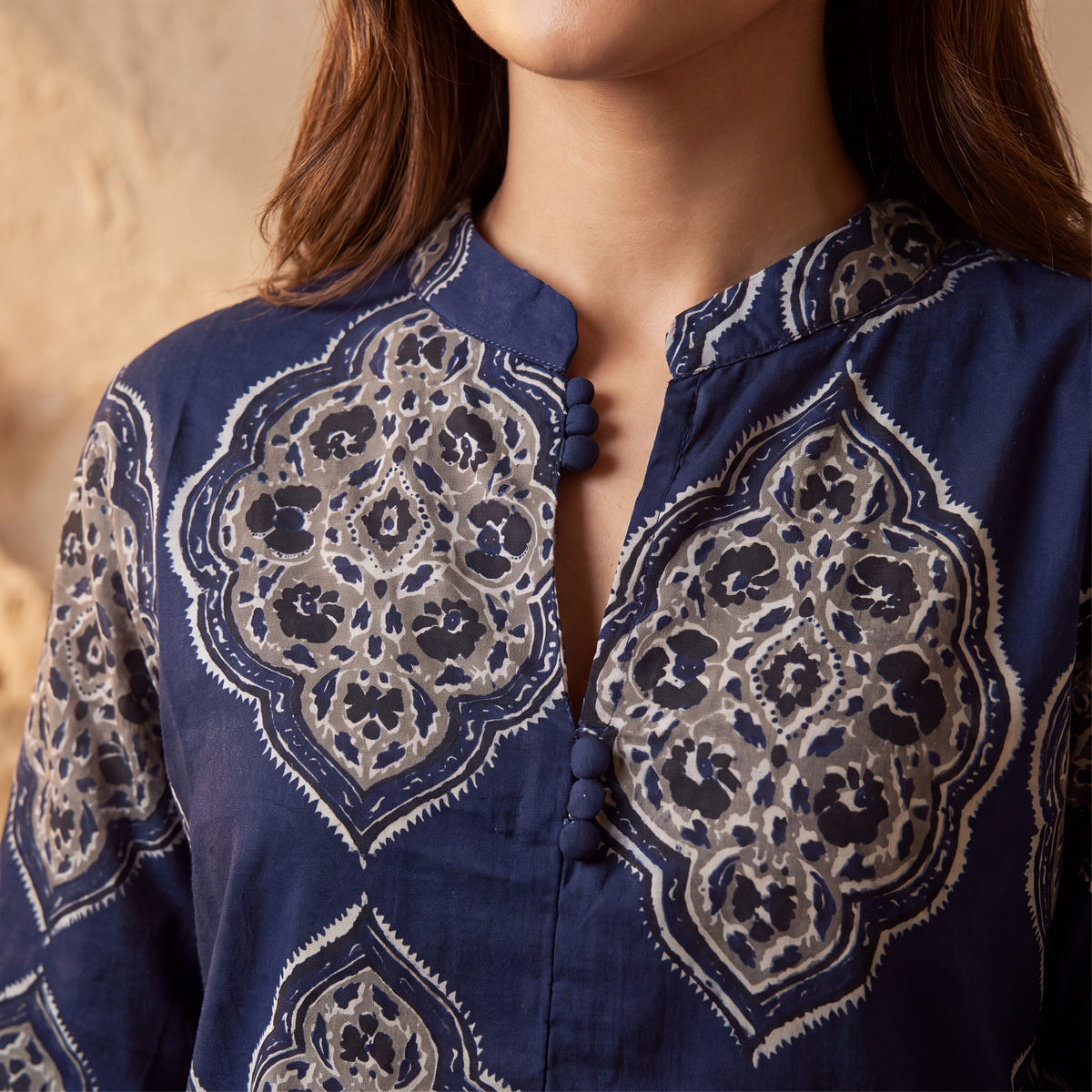 Neel — Navy Mughal Print Cotton Kurta Pant Set