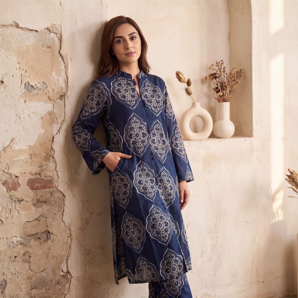 Neel — Navy Mughal Print Cotton Kurta Pant Set
