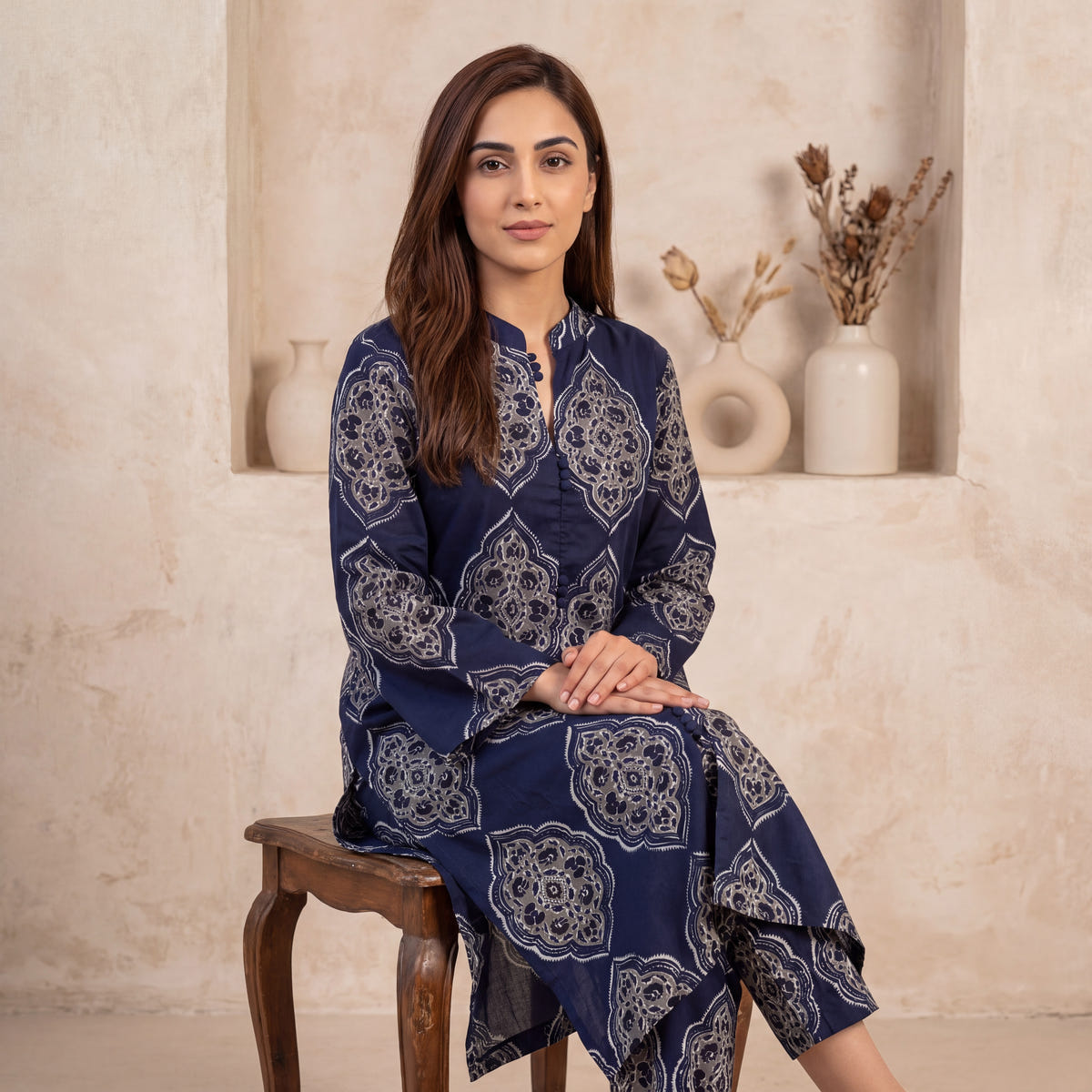 Neel — Navy Mughal Print Cotton Kurta Pant Set